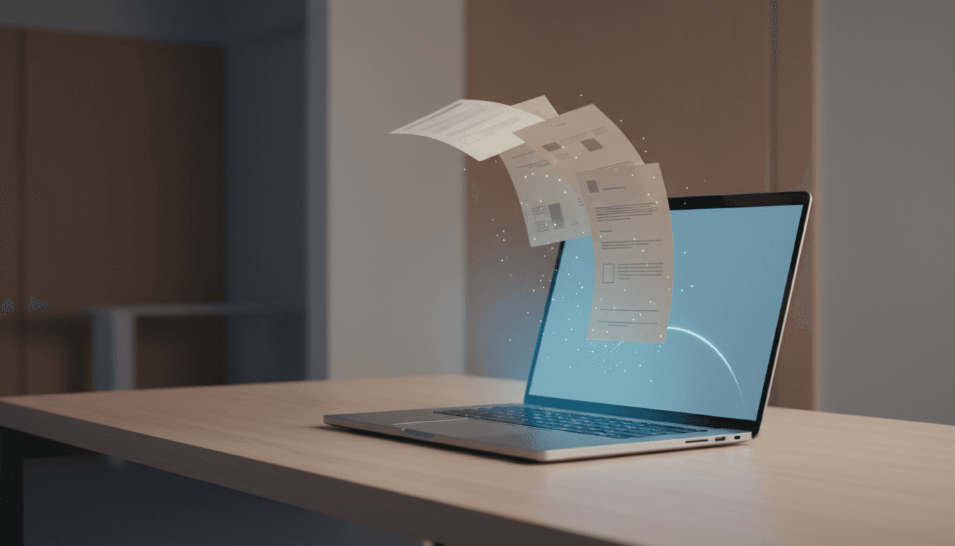 Stylised laptop with abstract document pages softly emerging from a glowing blue screen, representing AI-generated medical documentation