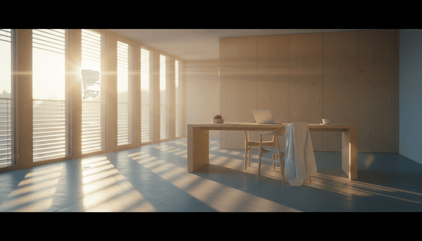 A quiet modern Swiss medical practice in the late afternoon, golden sunlight on a wooden desk with a closed laptop — paperwork done for the day