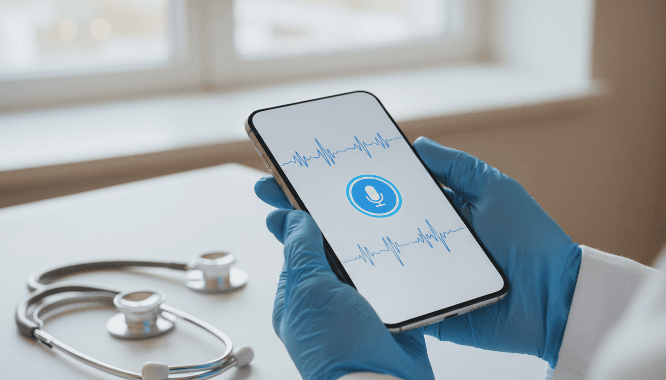 Doctor holding a smartphone showing a live audio waveform while MedicalDocu records a consultation
