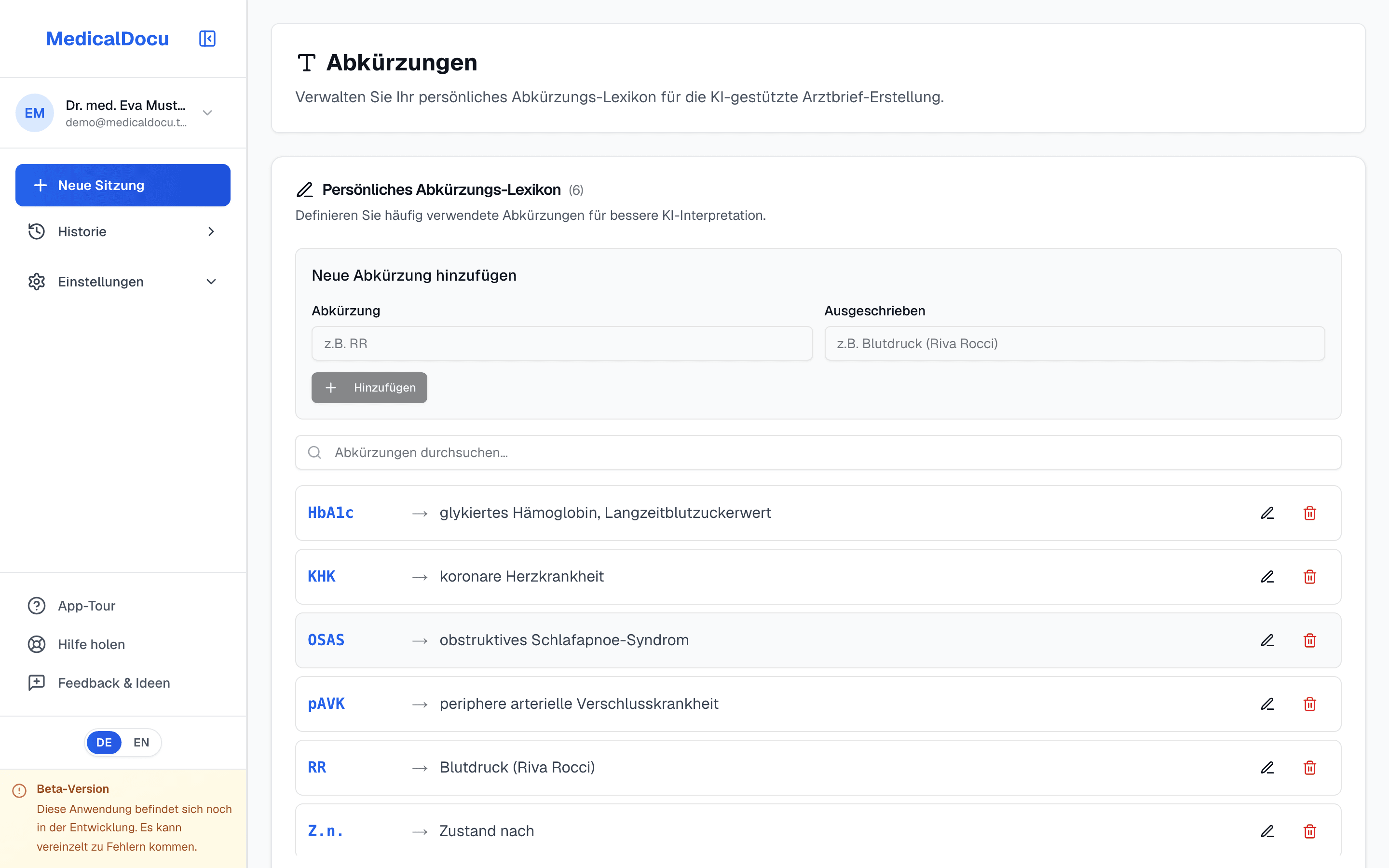 The personal abbreviation dictionary with entries such as RR for blood pressure and HbA1c.