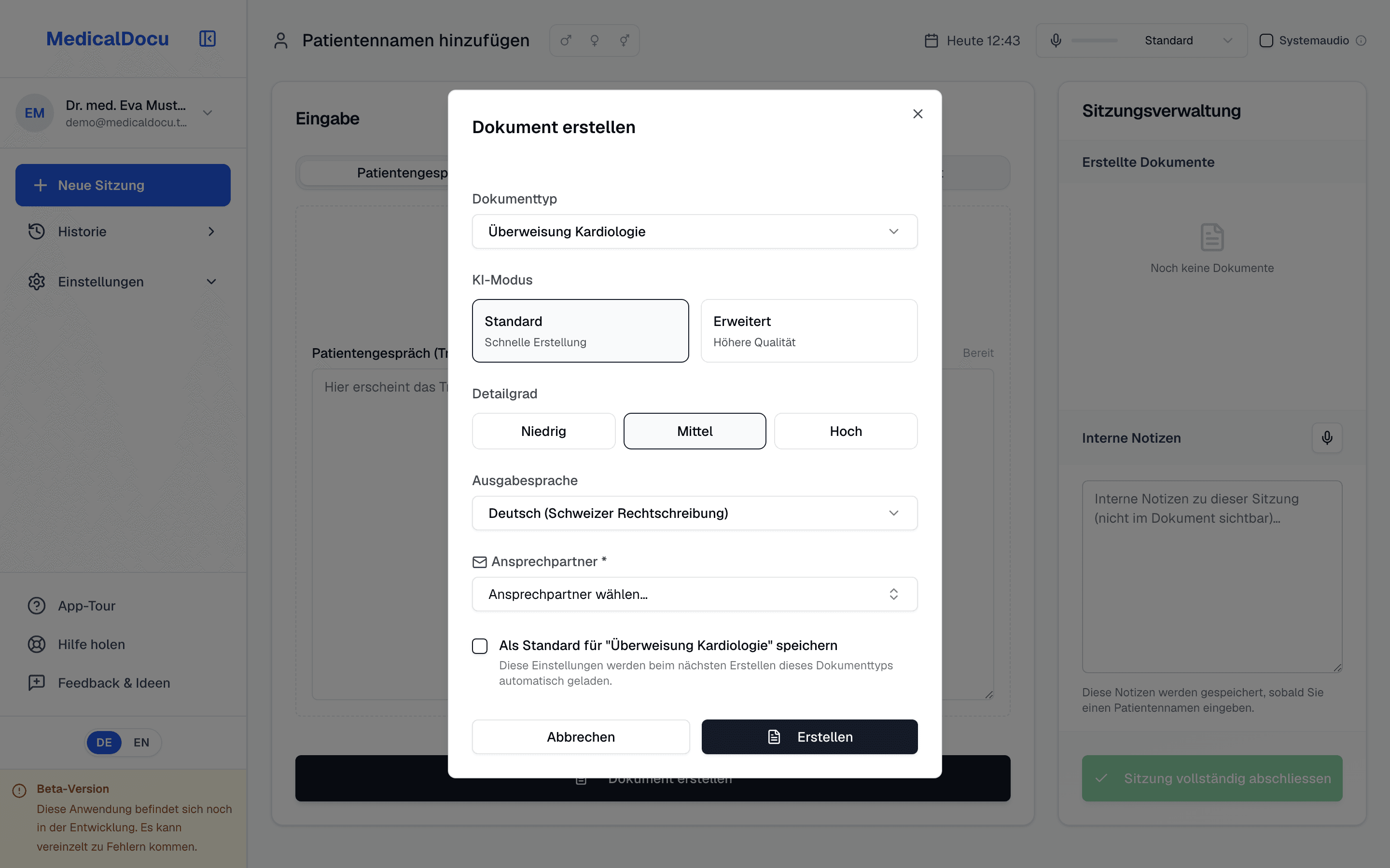 The "Create document" dialog with document type, AI mode, level of detail, output language and recipient.