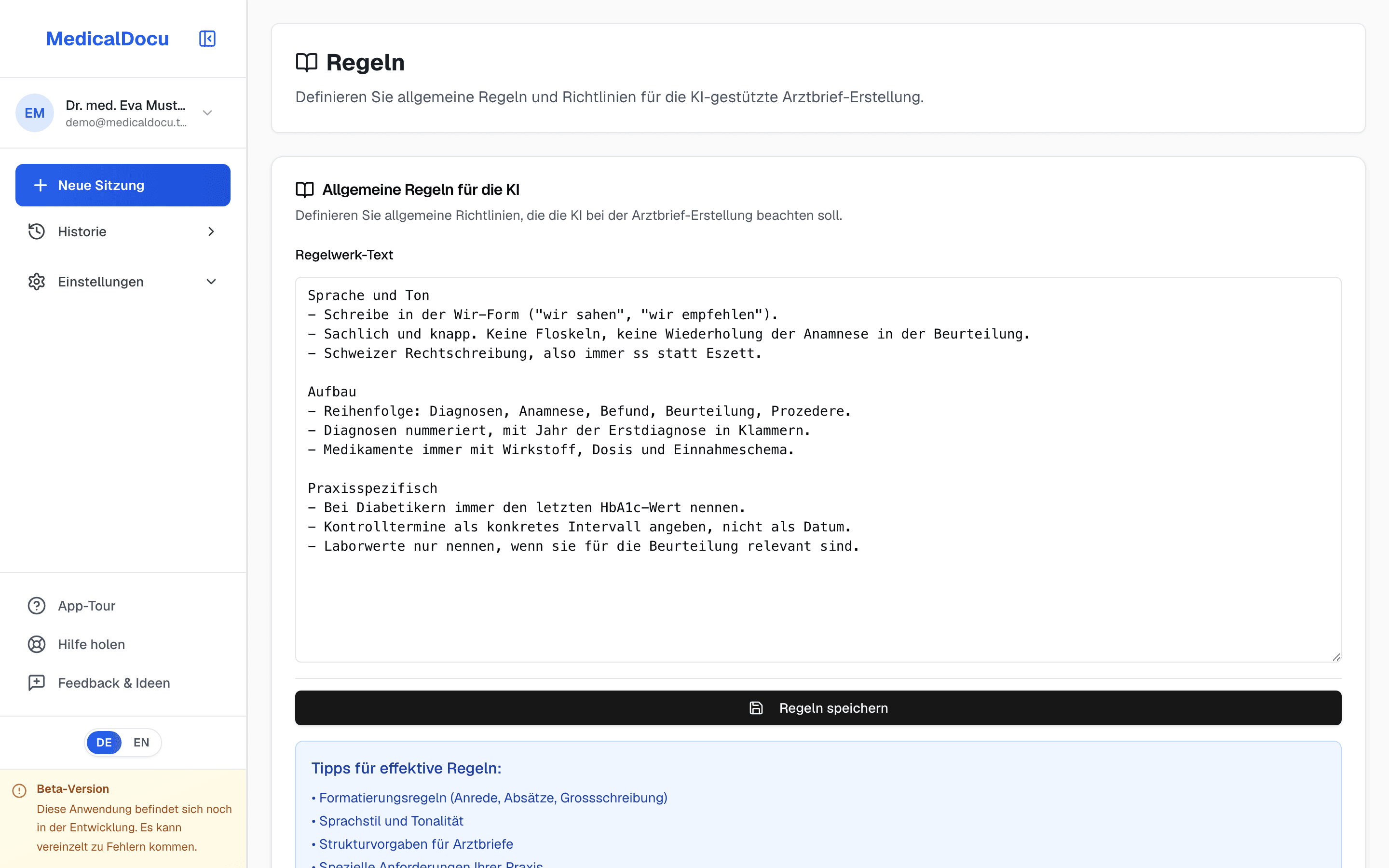 The rules page with an example covering language and tone, structure and practice-specific requirements.
