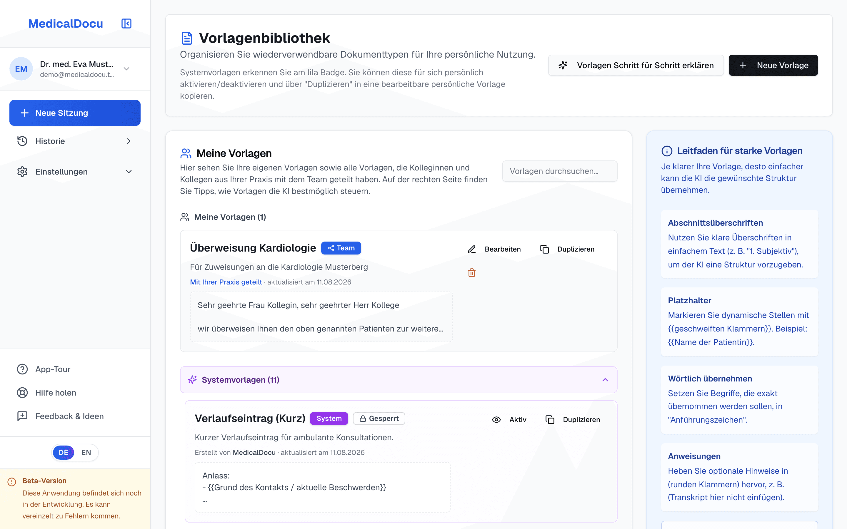 The expanded list of system templates with purple badges and the "Duplicate" button.