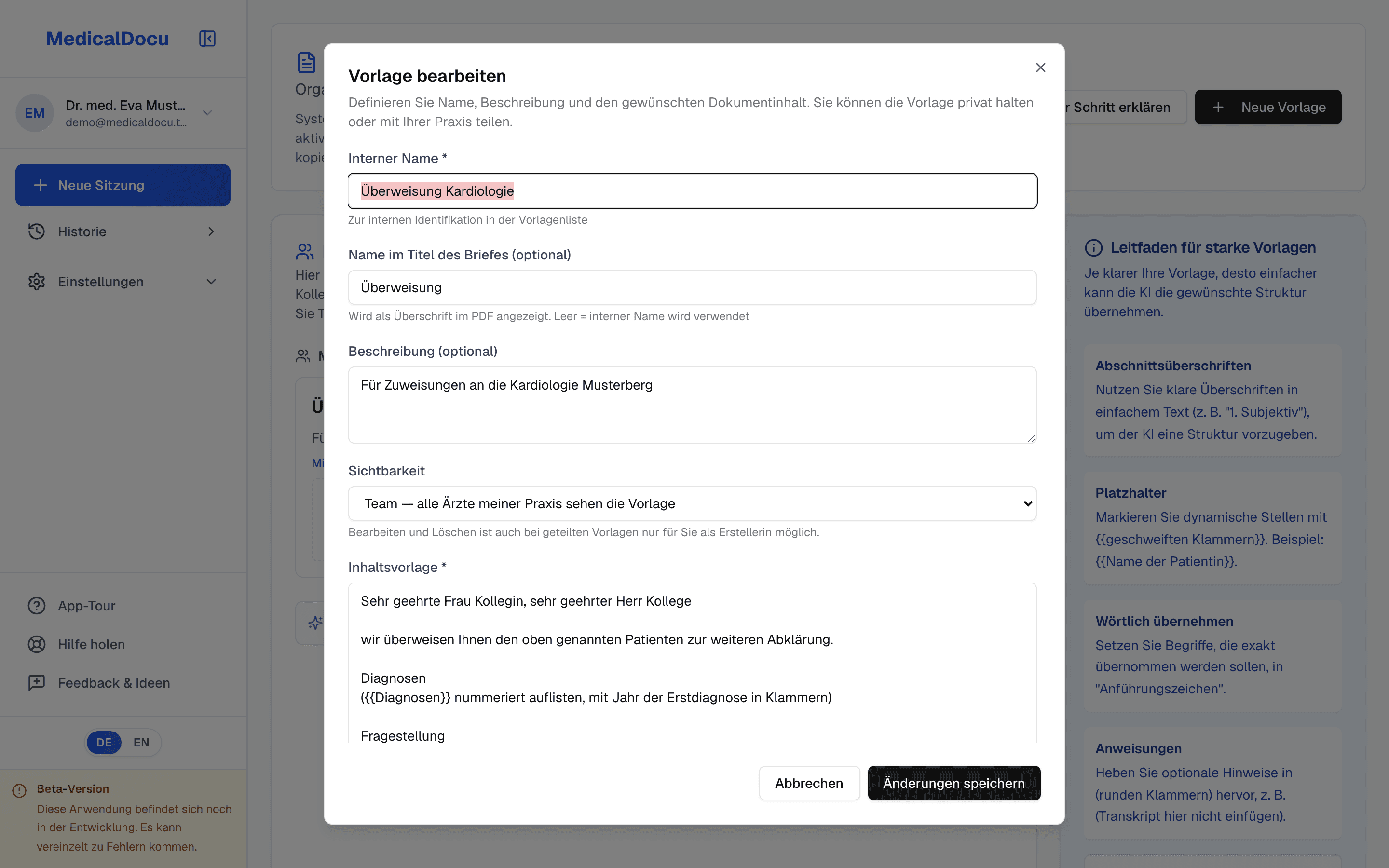 The template editor with fields for internal name, title in the letter, description, visibility and content template.