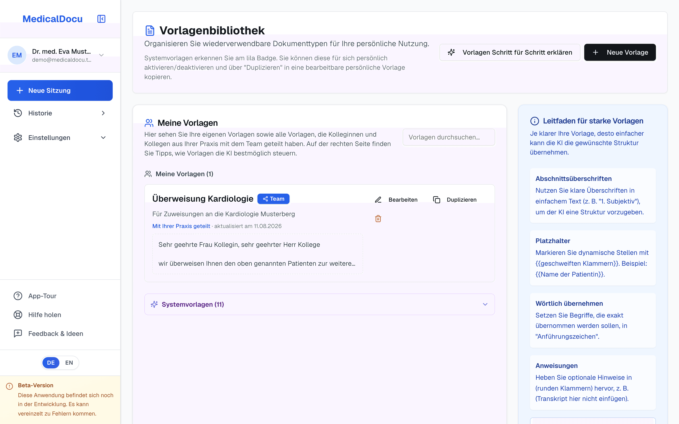 The template library with a custom template and the guide to strong templates on the right.